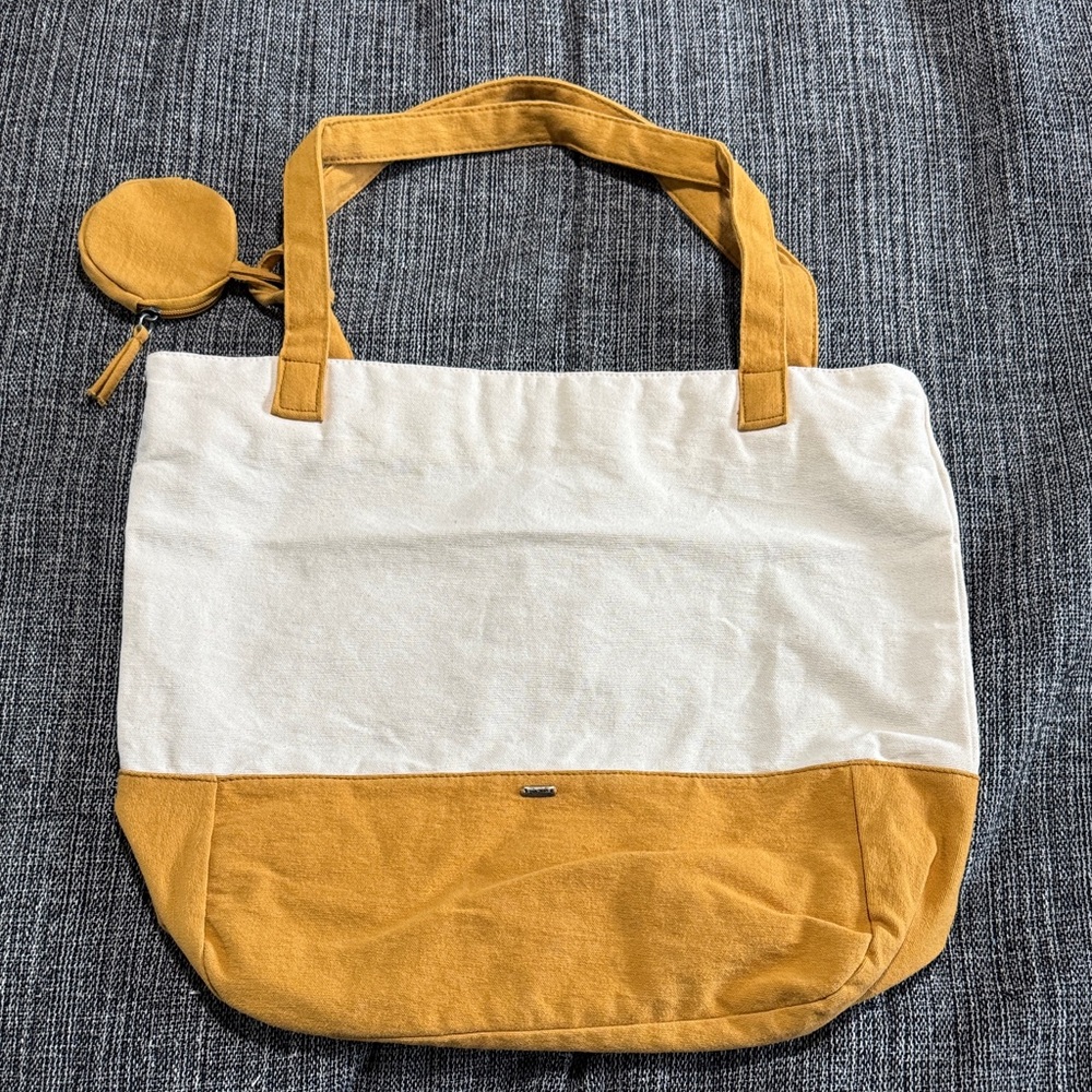 VIA MIA - Two-Tone (light cream and mustard) Canvas Tote shoulder bag.